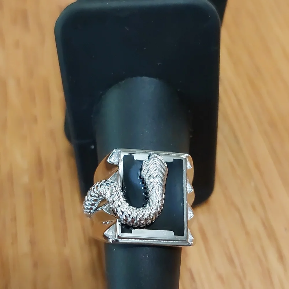 Sterling Silver Black Onyx Snake  Ring Sz 9